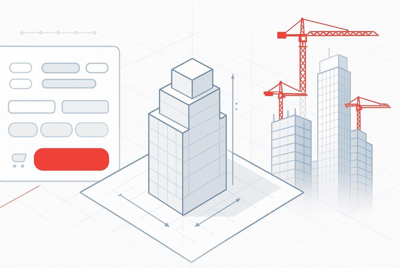 Illustration of a building blueprint with cranes and a digital interface, featuring construction elements and design tools.