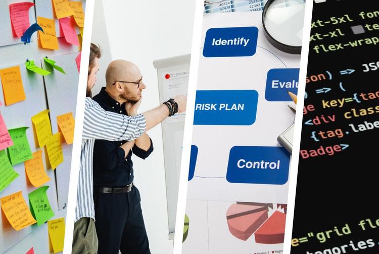 Collage of sticky notes, two people at a whiteboard, a risk plan chart, and a computer screen with code.