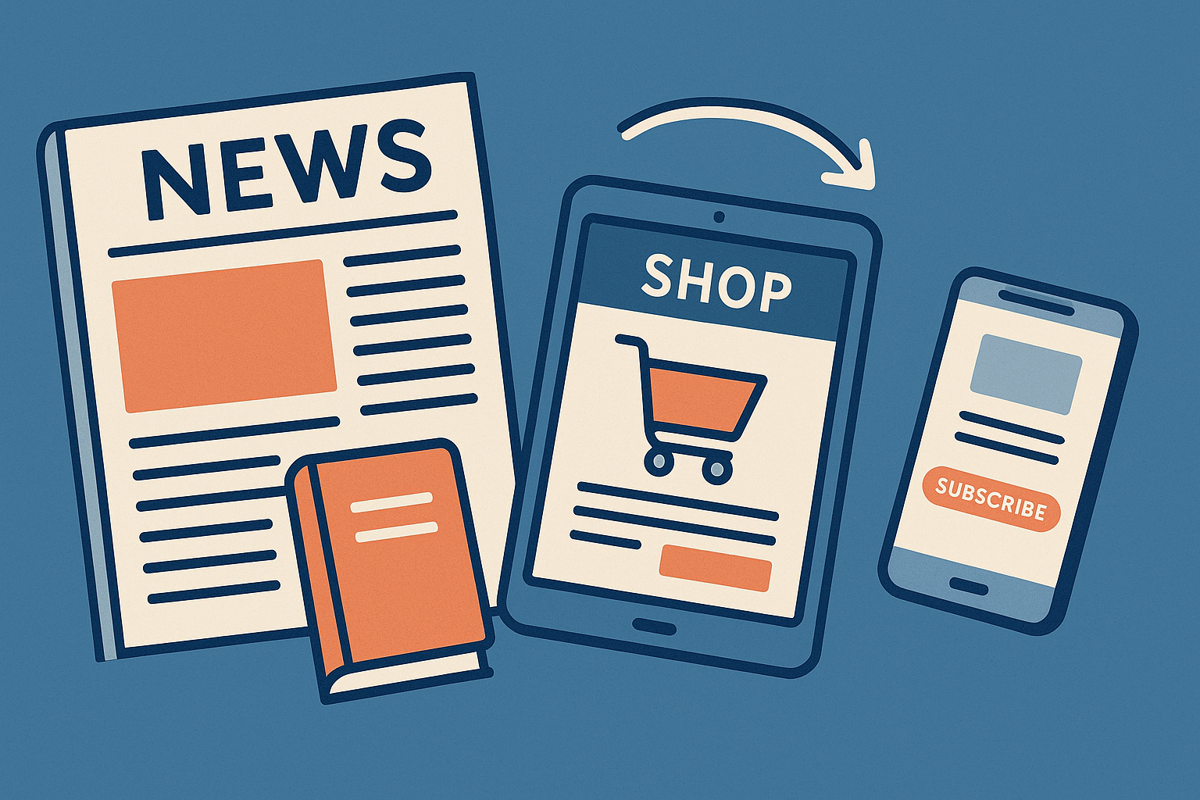 Illustration of a newspaper, book, tablet with a shopping cart, and smartphone with a subscribe button, representing digital and print media.