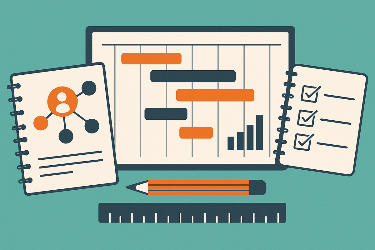 Illustration of a tablet displaying a Gantt chart, flanked by notebooks with a flowchart and checklists, alongside a pencil and ruler.