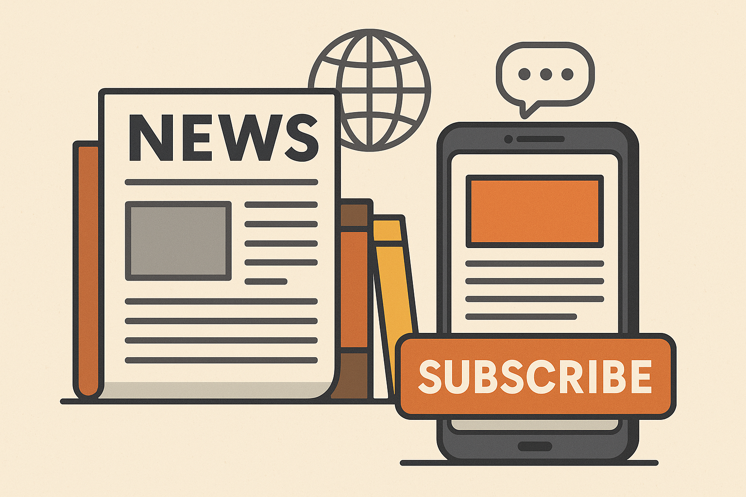 Illustration of a newspaper, books, and a smartphone with a "Subscribe" button, symbolizing digital news subscription.