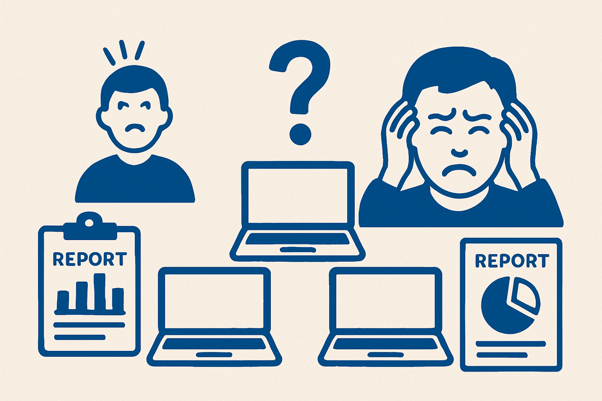 Illustration of confused people with laptops, reports, and a question mark, symbolizing uncertainty or data analysis challenges.
