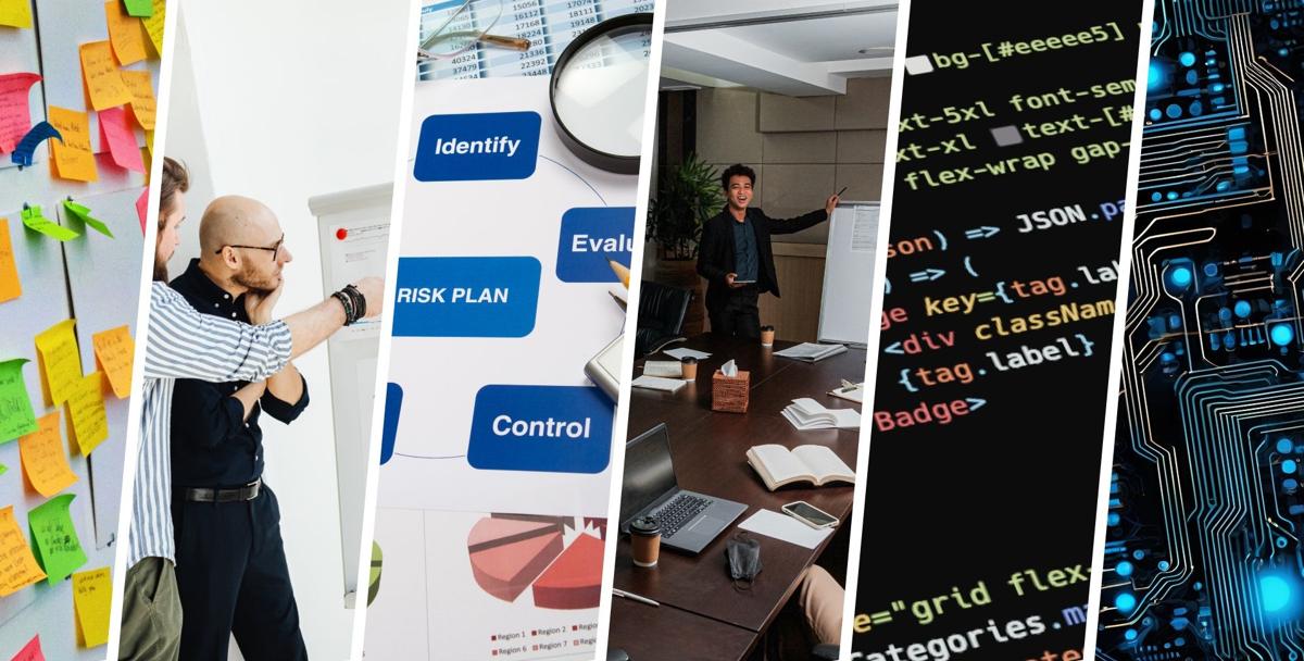 Collage: sticky notes, business meeting, risk management chart, presentation in boardroom, circuit board, and computer code.