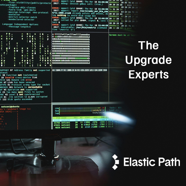 Computer screens displaying code indicating Data Realm is "The Upgrade Experts" for Elastic Path ecommerce platform.