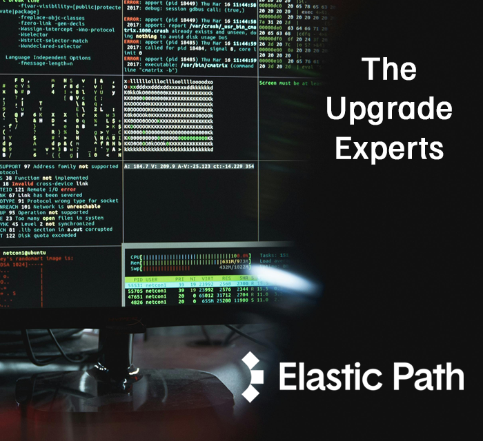 Computer screens displaying code indicating Data Realm is "The Upgrade Experts" for Elastic Path ecommerce platform.